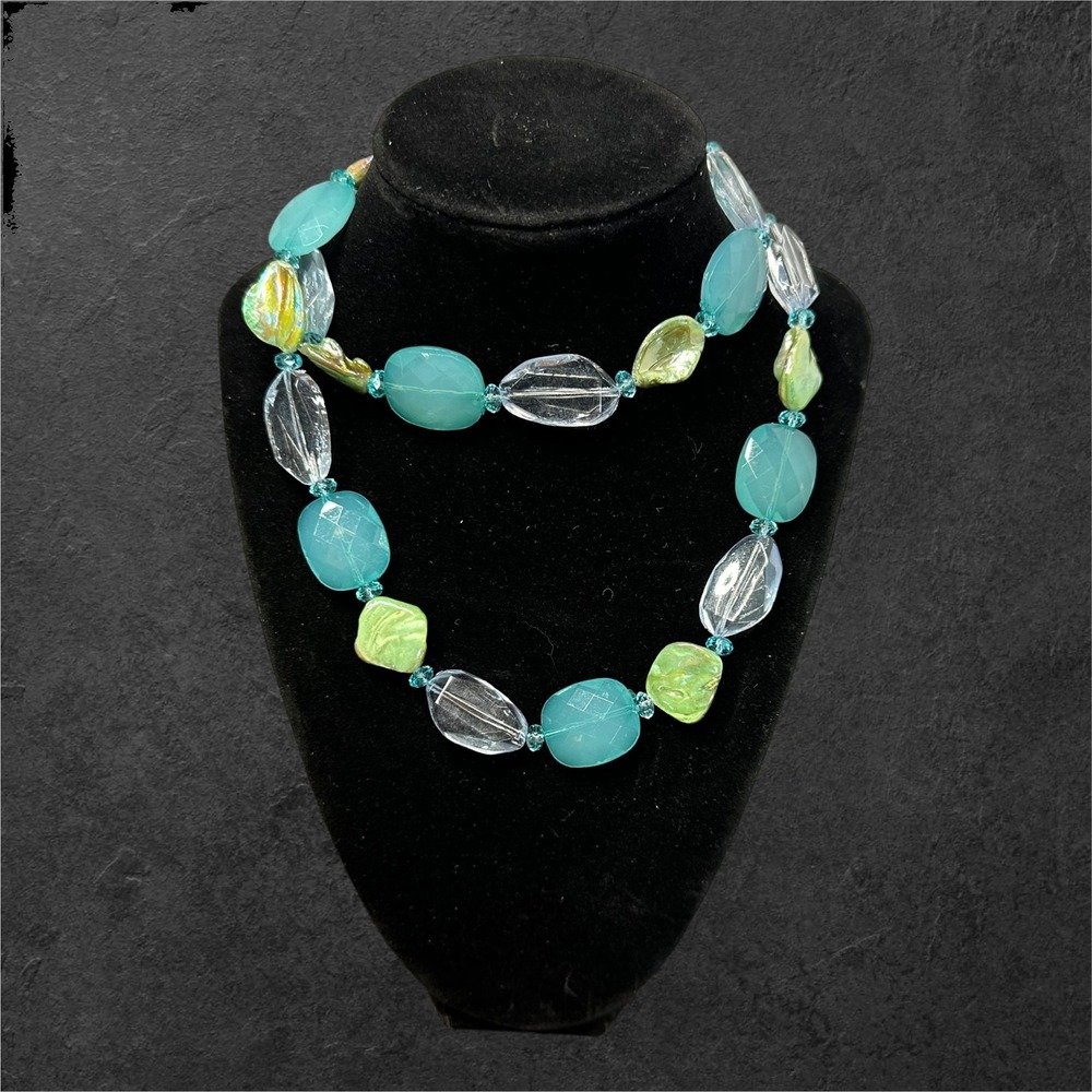 28" Statement Necklace‎ Multicolor Teal Green Chunky Beaded Coastal